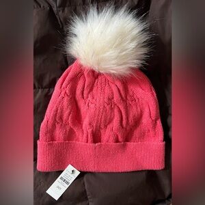Talbots Vibrant Pink Knit Hat with Fluffy White Pom-Pom